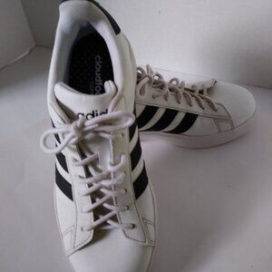 Adidas Womens Grand Court, white/black leather sneakers.